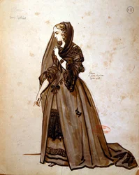 Kostymdesign för rollen som Dona Elvire i en uppsättning av "Don Juan" av Moliere (1622-73) på Comedie Francaise 1847 (penna och bläck samt wc på papper).