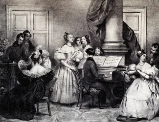Familjekonsert med piano, av Achille Deveria (1800-1857), gravyr, Frankrike