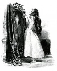 Madame Bovary, för Gustave Flauberts roman - Emma Bovary hopar sitt långa hår framför sin spegel