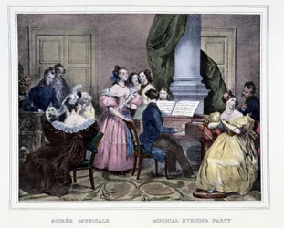 Musikalisk kväll runt pianoforte - i "" Les heures de la Parisienne"" av Achille Deveria