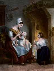 Sjuksköterska som ammar ett barn. Litografi, c.1850