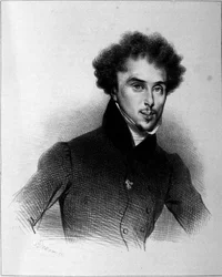 Porträtt av Alexandre Dumas, gravyr av Deveria