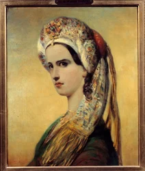 Porträtt av Elisabeth Felix dit Mademoiselle Rachel (1821-1858), skådespelerska i rollen som Roxane i pjäsen Bajazet”” av Jean Racine 1838”” Målning av Achille Deveria (1800-1857) 1838 Paris, Comedie francaise