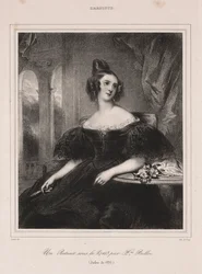 Ung kvinna med en fläkt vid ett bord, 1835.