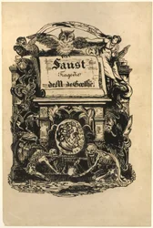 Porträttmedaljong av Goethe, titelblad från Faust