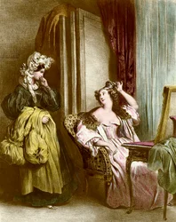 Toaletten: en elegant ung kvinna med sin tjänarinna Litografi av Achilles Deveria (1800-1857) 1800-talssamling Particuliere