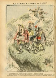 Illustration av Achille Lemot (1846-1909) i Le Pèlerin, 08/09/07 - Marschen mot avgrunden - Socialt, antimureri, frimureri, armé, patriotism, blind - Émile Zola, Jean Jaurès - Blind