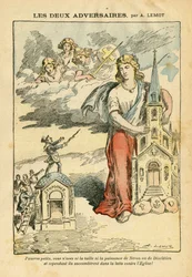 Illustration av Achille Lemot (1846-1909) i Le Pelerin, 09/09/06 - De två motståndarna - Antisemitism, Religion Tro, Trefärgad flagga, katedralkyrkor, synagoga, katolsk katolicism - allegori, skalaförändring