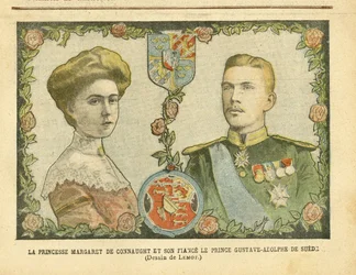 Illustration av Achille Lemot (1846-1909) i Le Pelerin, 21/05/05 - Prinsessan Margaret av Connaught och hennes fästman Prins Gustave-Adolphe av Sverige - Monarki, Medalj, Utländsk suverän, Sverige - De Connaught Margaret (1882-1920) , Gustave IV Adolphe of