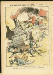 Illustration av Achille Lemot (1846-1909) i Le Pelerin, 27/05/06 - På väg mot idealet - Social, Bilar, döda kroppar, Revolution, Röda flaggan, Ekonomi, Socialism, Pneumatisk, Punktering