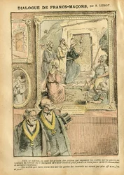 Illustration av Achille Lemot (1846-1909) i Le Pèlerin, 31/03/07 - Frimurarnas dialog - Konst, antimureri, frimureri, religion, tro, katolicism - Separation mellan kyrka och stat, inventeringar/reaktioner på inventeringar