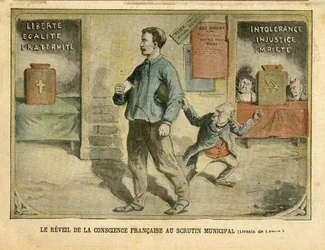 Illustration av Achille Lemot (1846-1909) i Le Pelerin, 01/05/04 - Det franska samvetets uppvaknande till kommunal omröstning - Val, Religion Tro, Bloc des left, Catholicism Catholique - Laicisation Laicite Sekulära lagar - Combes Emile ( 1835 -1921),