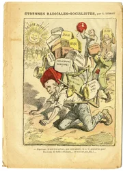 Illustration av Achille Lemot (1846-1909) i Le Pelerin, 03/01/09 - Radikal-socialistiska strängar - Radikalism, undervisning, Religion Tro, Marocko, ateism, radikala och radikal-socialistiska parti, katolsk katolicism - Laicisation Laicite Laiques - Clemen