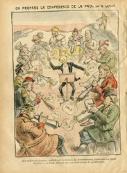 Illustration av Achille Lemot (1846-1909) i Le Pelerin, 03/02/07 - Förbereder fredskonferensen - Ryssland, Tyskland Preussen, Asien, Musik, Amerika USA USA, England Storbritannien, Öst, Europa, Italien, Kina, Kanoner , snäckor, Fred, Dans, Frankrike, Nedru