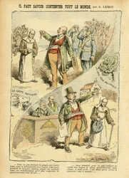 Illustration av Achille Lemot (1846-1909) i Le Pèlerin, 03/09/05 - Man måste veta hur man tillfredsställer alla - Antiklerikalism, antimureri, religion och tro, medalj, Vänsterblocket, katolicism - Utvisning av religiösa, sekularisering