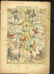 Illustration av Achille Lemot (1846-1909) i Le Pelerin, 04/04/09 - De två skolorna - Undervisning, Religion Tro, katolsk katolicism - Laicisation Laicite Laiques lagar - Lärare, lyceansk student, kollegian, botemedel