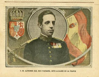 Illustration av Achille Lemot (1846-1909) i Le Pelerin, 04/06/05 - Hans Majestät Alfonso XIII, kung av Spanien, Hote Acclame of France - Spanien, monarki, flaggor, utländsk suverän - Alfonso XIII