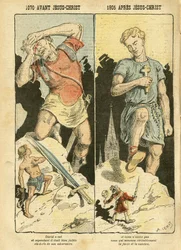 Illustration av Achille Lemot (1846-1909) i Le Pèlerin, 05/11/05 - 1070 f.Kr. Jesus Kristus 1905 e.Kr. - Antimureri, religion och tro, Vänsterblocket, katolicism - Sekularisering, sekularism, lekmän - David, Goliat - Berättelser och mytologi