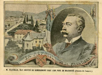 Illustration av Achille Lemot (1846-1909) i Le Pelerin, 07/02/04 - M. Flayelle, vald till suppleant i Remiremont med 1200 majoritetsröster - Val, Alsace Lorraine, Chambre des deputes Hemicycle, Patriotism, Frontières, Remiremont, Vosgeses Suppleant, Flayel