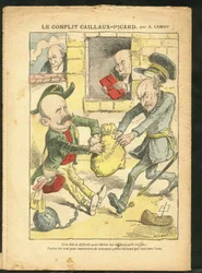 Illustration av Achille Lemot (1846-1909) i Le Pelerin, 07/03/09 - Caillaux-Picard-konflikten - Beskattning, inkomstskatt - Combes Emile (1835-1921), Clemenceau George, Caillaux Joseph (1863-1944)