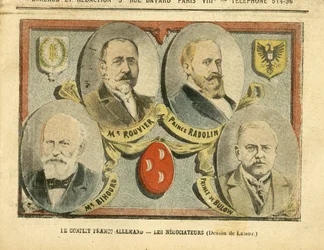 Illustration av Achille Lemot (1846-1909) i Le Pelerin, 09/07/05 - Den fransk-tyska konflikten, förhandlarna - Kolonisering, kolonialism, kolonier, Tyskland, Preussen, Marocko, Frankrike, Tanger - Maurice Rouvier (1842-1911), Bernhard von Bülow