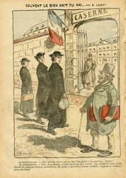 Illustration av Achille Lemot (1846-1909) i Le Pelerin, 20/01/07 - Ofta föds det goda ur det onda - Armee, Religion Tro, Baracker, Militärtjänst, Katolsk Katolicism - Militärkur, Laicisation Laicite Laiques Lois - Cures