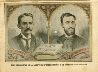 Illustration av Achille Lemot (1846-1909) i Le Pelerin, 20/03/04 - Två försvarare av utbildningsfriheten - Undervisning, Religion Tro, katolsk katolicism - Utbildningsfrihet - Ripert Jean-Baptiste (1870-1958), Raiberti Flaminus (1862-1929)