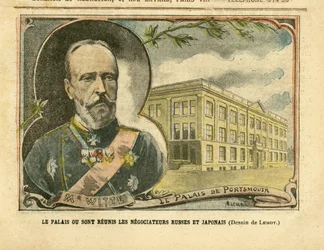 Illustration av Achille Lemot (1846-1909) i Le Pelerin, 20/08/05 - Palatset där de ryska och japanska förhandlarna är samlade - Ryssland, Japan, rysk-japanska kriget, Portsmouth - Sergej Witte (1849-1915)