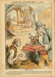 Illustration av Achille Lemot (1846-1909) i Le Pelerin, 22/12/07 - Tidigare och idag - Pensionärsarbetares pensioneringar, Anti-parlamentarism, Religion Tro, Noel, Deputeradekammaren Hemicycle, Femton tusen, Parlamentariska skadestånd, katolsk katolsk