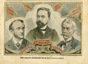 Illustration av Achille Lemot (1846-1909) i Le Pelerin, 23/10/04 - Tre radikala excommunies av blocket - Budgetekonomi, republikens president, Maritime Marine Nautique Balneaire, Bloc des left, Indokine, Works publics - Doumer Paul (1857-1932),