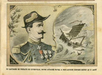 Illustration av Achille Lemot (1846-1909) i Le Pelerin, 25/09/04 - Kaptenen för fregatten av Cuverville, vår marinanslutning till Port-Arthur försvann sedan 17 augusti - Armee, Maritime Marine Nautique Balneaire, Port-Arthur, Naufrage - De Cuverville