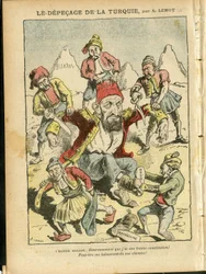Illustration av Achille Lemot (1846-1909) i Le Pelerin, 25/10/08 - Turkiets depecage - Turkiet, Religion Tro, Balkan, Bulgarien, Bosnien-Hercegovina, Kreta, katolsk katolicism - Abdul-Hamid II (1842-1918)
