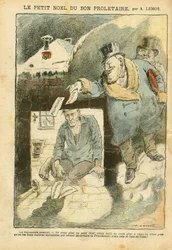 Illustration av Achille Lemot (1846-1909) i Le Pelerin, 25/12/04 - The Christmas of the Good Proletary - Val, Misere, Winter, Life of the Rich, Socialism - Worker, Miserous, Poor, SDF - Opposition/Association