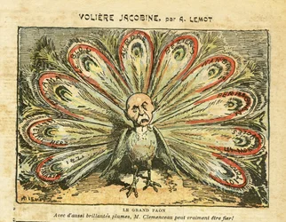 Illustration av Achille Lemot (1846-1909) i Le Pèlerin, 26/01/08 - Jakobinsk voljär - Vänsterblocket, vinkris, vinodlarnas revolt, Narbonne, Béziers, Aurore (tidning) - Georges Clemenceau, påfågel - Animalisering