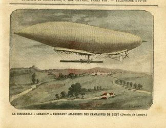 Illustration av Achille Lemot (1846-1909) i Le Pelerin, 26/11/05 - Luftskeppet "" Lebaudy"" utvecklas över den östra landsbygden - Kampanj, Ballonger luftskepp zeppelinare aerostation, Lebaudy