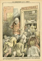 Illustration av Achille Lemot (1846-1909) i Le Pelerin, 27/03/04 - Tämjaren - Restaurangkaféer, gastronomikock - Combes Emile (1835-1921), Tamer - Matmetafor
