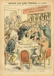 Illustration av Achille Lemot (1846-1909) i Le Pelerin, 27/10/07 - Återupptagande av hårt arbete - Antiparlamentarism, Restaurangkaféer, Deputeradekammaren Hemicycle, Bloc des lefts, Plate au beurre - Depute - Metaphore alimentaire