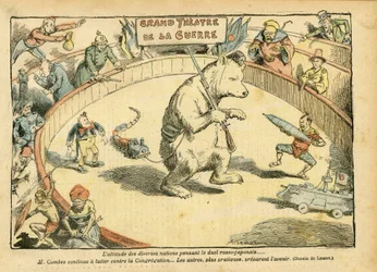 Illustration av Achille Lemot (1846-1909) i Le Pelerin, 28/02/04 - Olika nationers hållning... - Ryssland, rysk-japanska kriget - Émile Combes, björn, marknadsbjörn - Animalisering, karneval/lek/cirkus