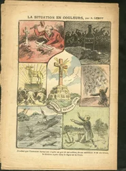 Illustration av Achille Lemot (1846-1909) i Le Pelerin, 28/02/09 - Situationen i färg - Religion Tro, Maritime Marine Seaside, Ateism, Olyckor Katastrofer, Naturkatastrof, Christian Cross, Katolsk Katolicism - Guldkalv