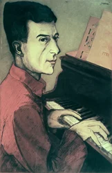 Porträtt av Maurice Ravel som spelar piano