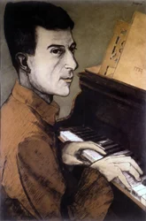 Porträtt av Maurice Ravel på piano - litografi av Ouvré