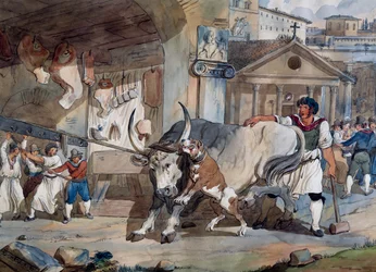 Slaktare, av Achille Pinelli (1809-1841), akvarellteckning, Italien