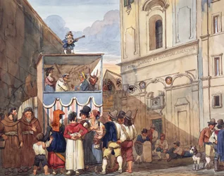 Dockteater i den romerska kyrkan Saints Quirico och Giuditta, av Achille Pinelli (1809-1841), akvarell, detalj, Italien