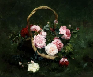 Rosor i en korg. Målning av Achille Theodore Cesbron (1849-1913 fransk) Privat samling