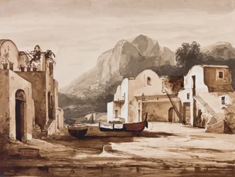 Neapolitansk kustby, möjligen Capri med Monte Solaro, med tillägg av prins Alfonso.
Maria di Borbone (1841-1934) (blyerts, sepiafärgningar och gouache på papper)