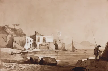 Hamn med Borbone-flaggan med Vesuvius i söder, med tillägg av en Borbone-elev (penna, sepia tvättar och gouache på papper)