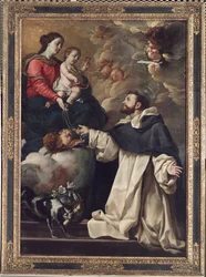 Jungfrun presenterar rosenkransen för helgonet Dominic, ca 1679 - 88 (olja på duk)