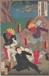 Kabuki-föreställning med röda indianer och kubuki-skådespelare, sent 1800-tal...