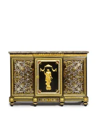 Louis XVI sidoskåp, beställt av Marchand-Mercier Claude-Francois Julliot, inkluderande Louis XIV intarsiapaneler, ca 1775-1800 (ormolu monterad, mässing & tenn inlagd ebenholts och sköldpaddashe
