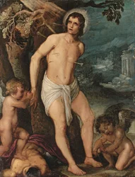 Saint Sebastian deltog av änglar (olja på koppar)